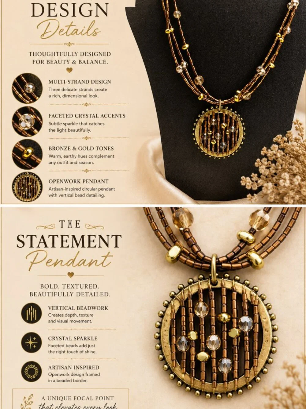Cookie Lee Multi Strand Beaded Pendant Necklace Brown Gold Crystal Statement